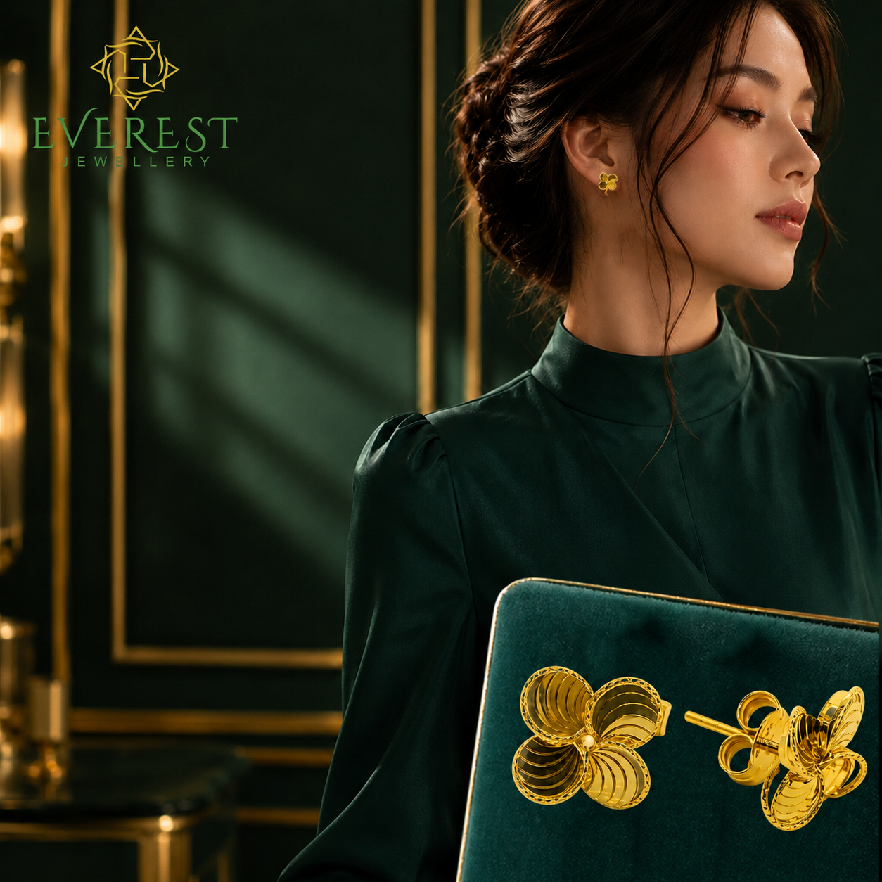916 Yellow Gold 4 Petals L Flower Earrings