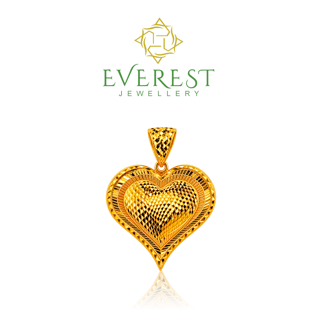 916 Yellow Gold Textured Heart Pendant L 42mm