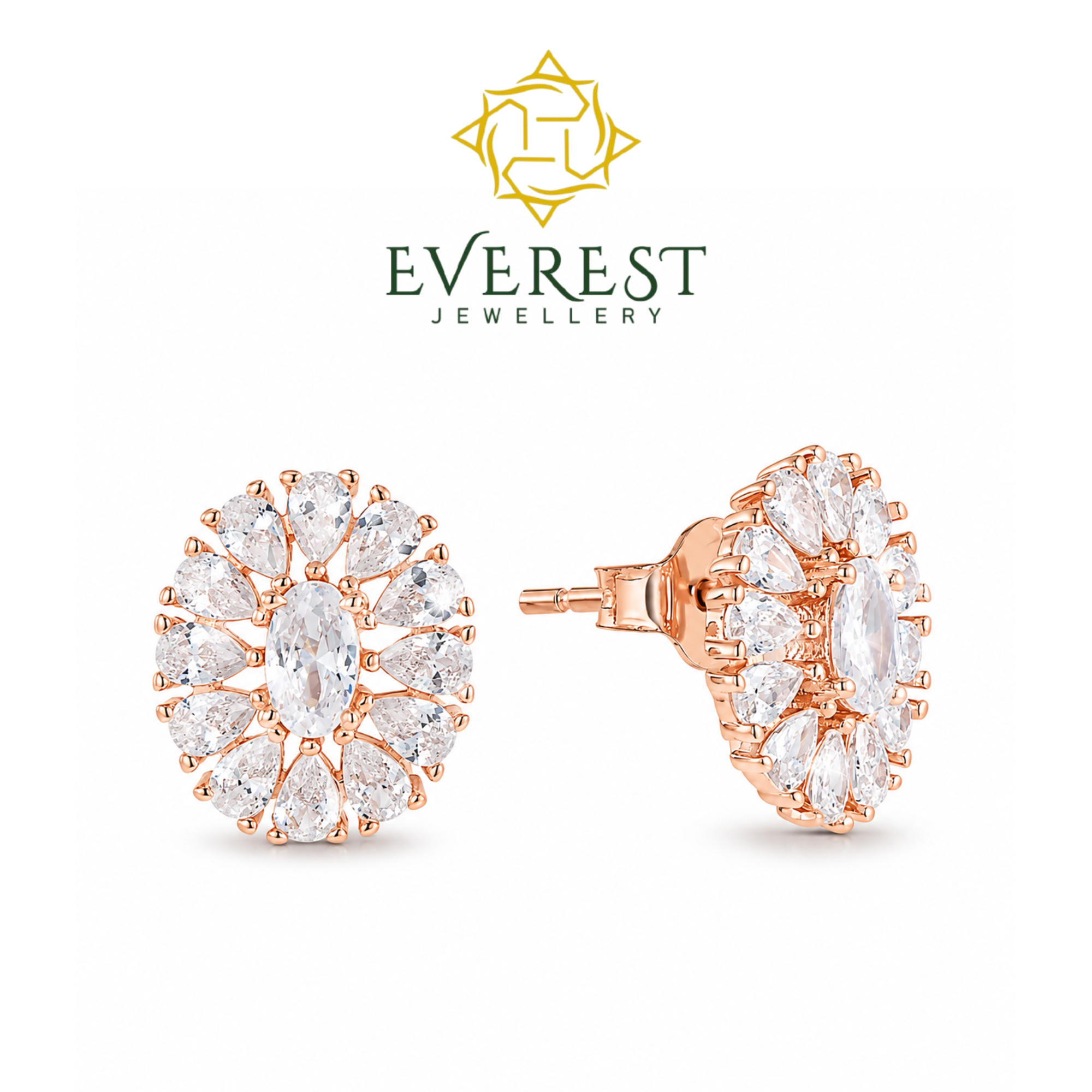 “Radiant Halo” brilliant CZ Cluster Stud Earrings  white, rose, or yellow silverwith brilliant CZ