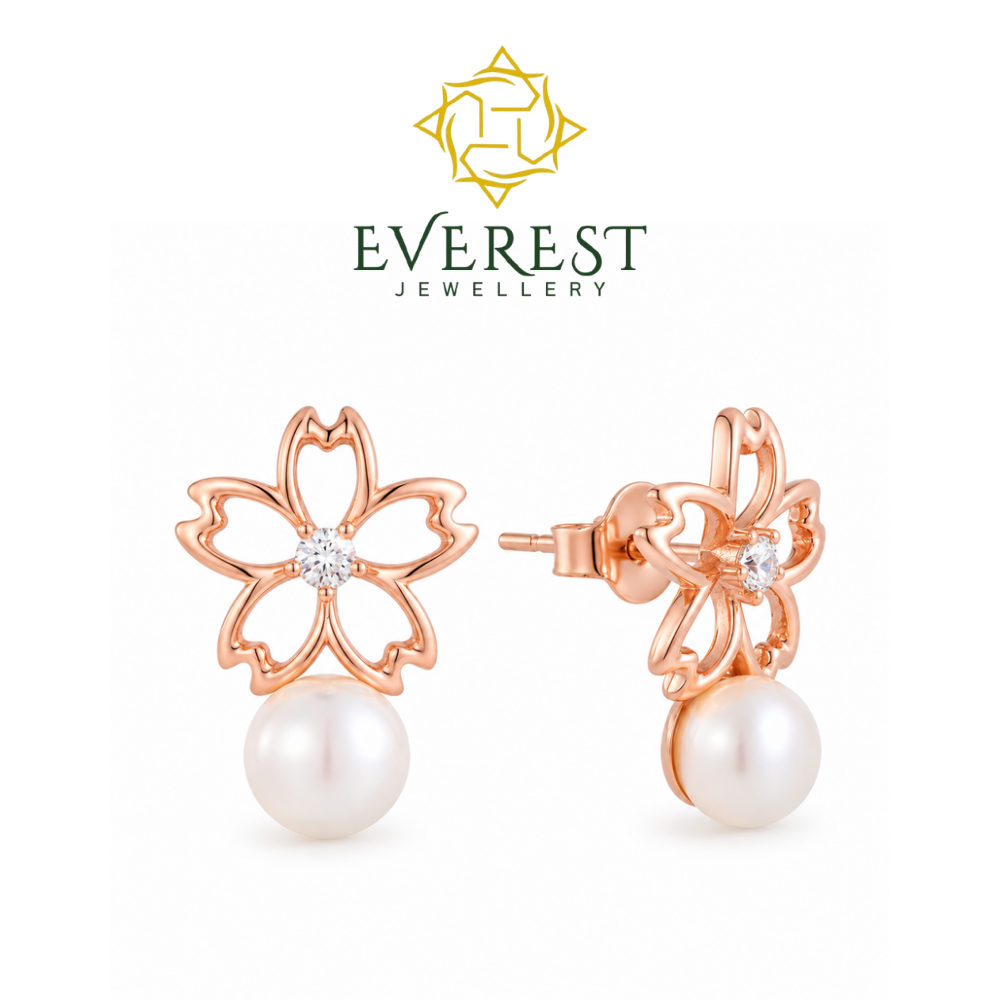 Sakura Blossom & Pearl brilliant CZ Stud Earrings(G)